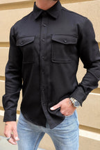 Kalenar — Men's Tailored Stretch Twill Overshirt with Chest Pockets (Black S) - Sweater | Zavonix