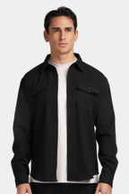 Kalenar — Men's Tailored Stretch Twill Overshirt with Chest Pockets (Black S) - Sweater | Zavonix