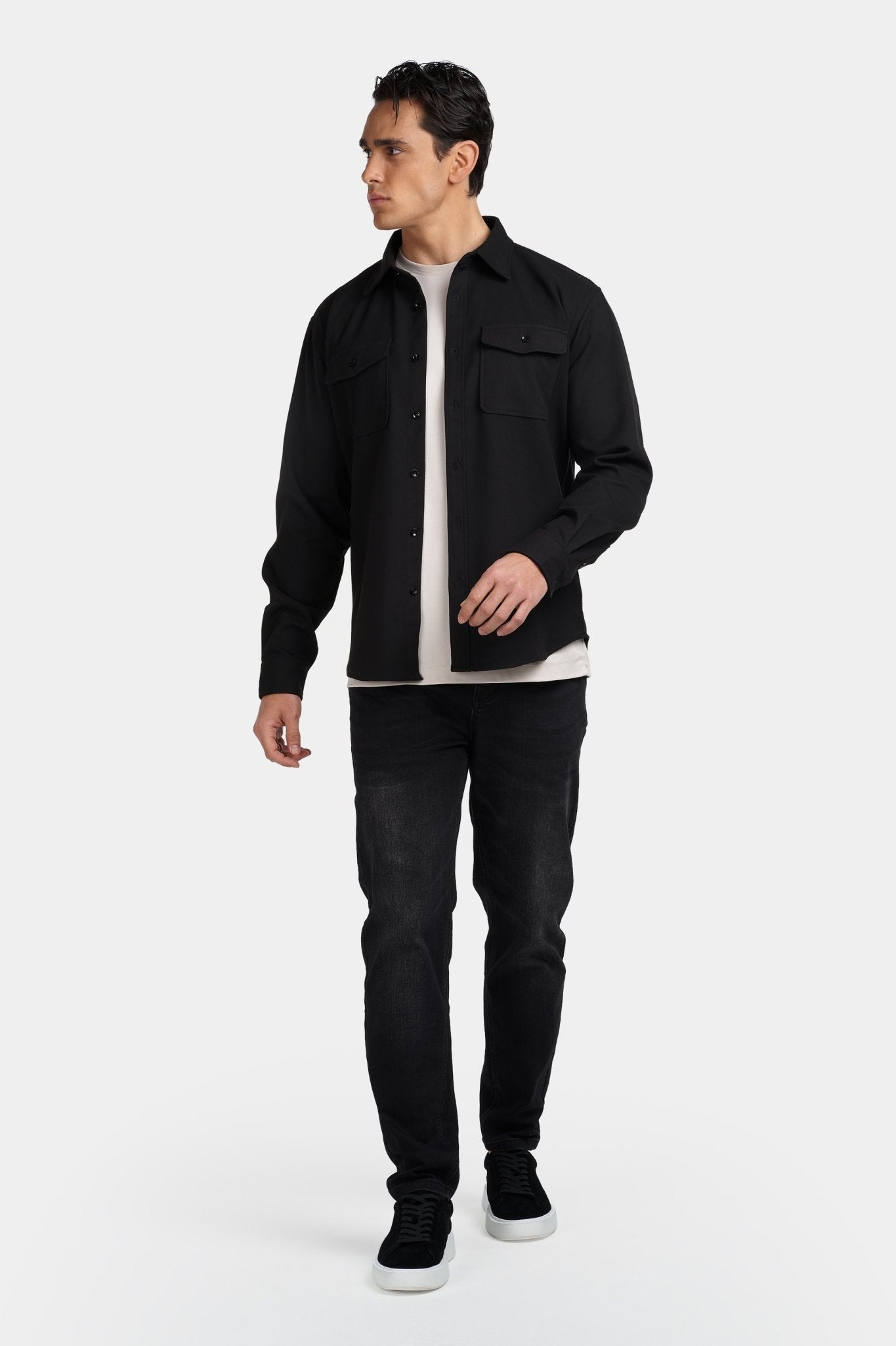 Kalenar — Men's Tailored Stretch Twill Overshirt with Chest Pockets (Black S) - Sweater | Zavonix