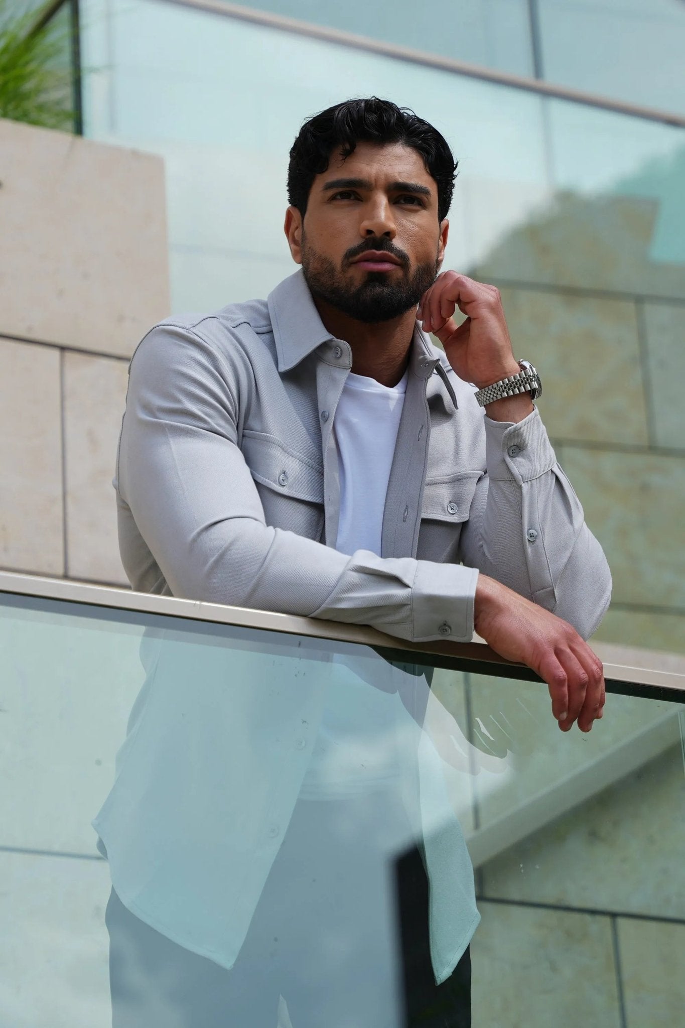 Kalenar — Men's Tailored Stretch Twill Overshirt with Chest Pockets (Grey S) - Sweater | Zavonix