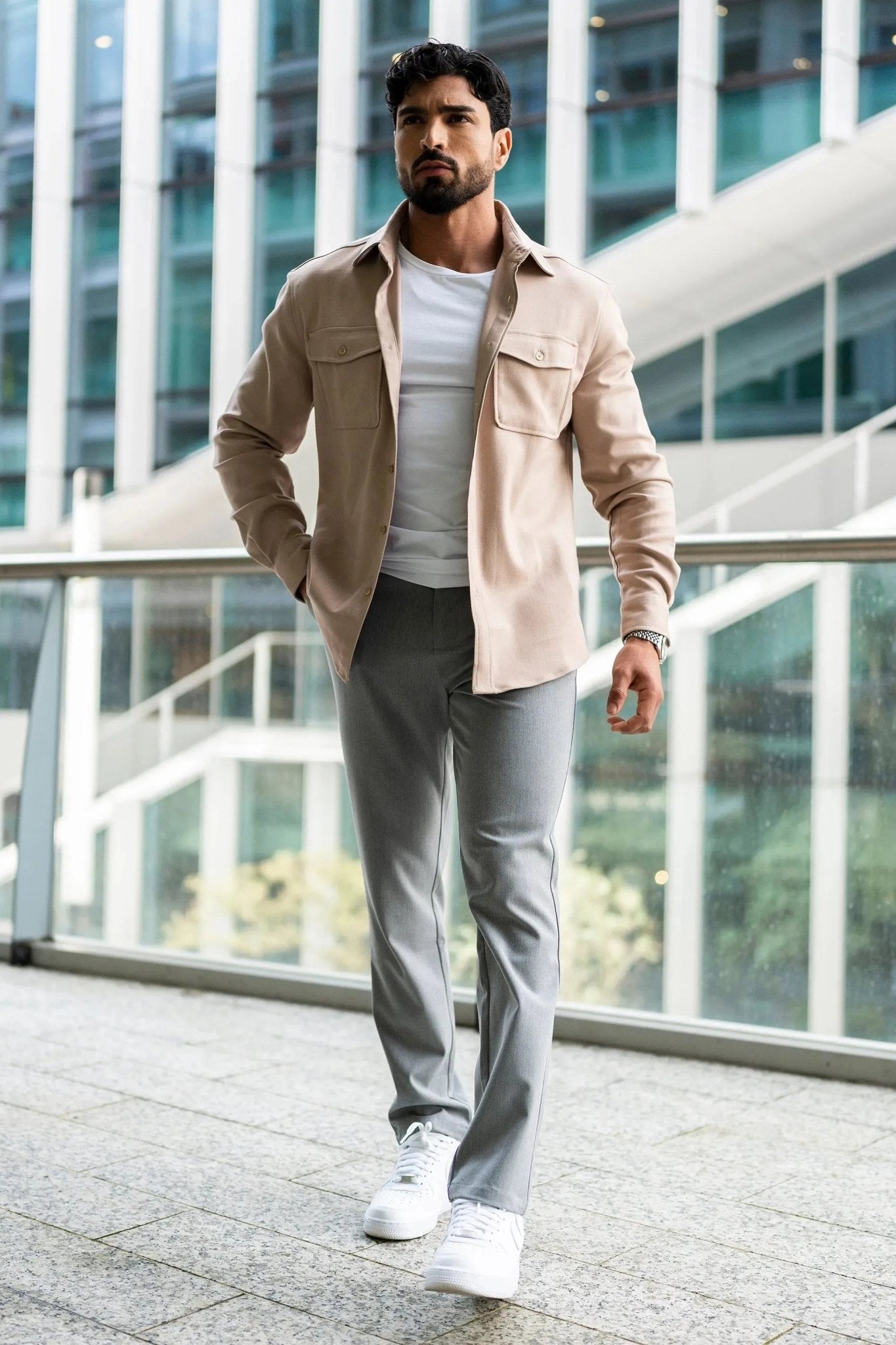 Kalenar — Men's Tailored Stretch Twill Overshirt with Chest Pockets (Grey S) - Sweater | Zavonix