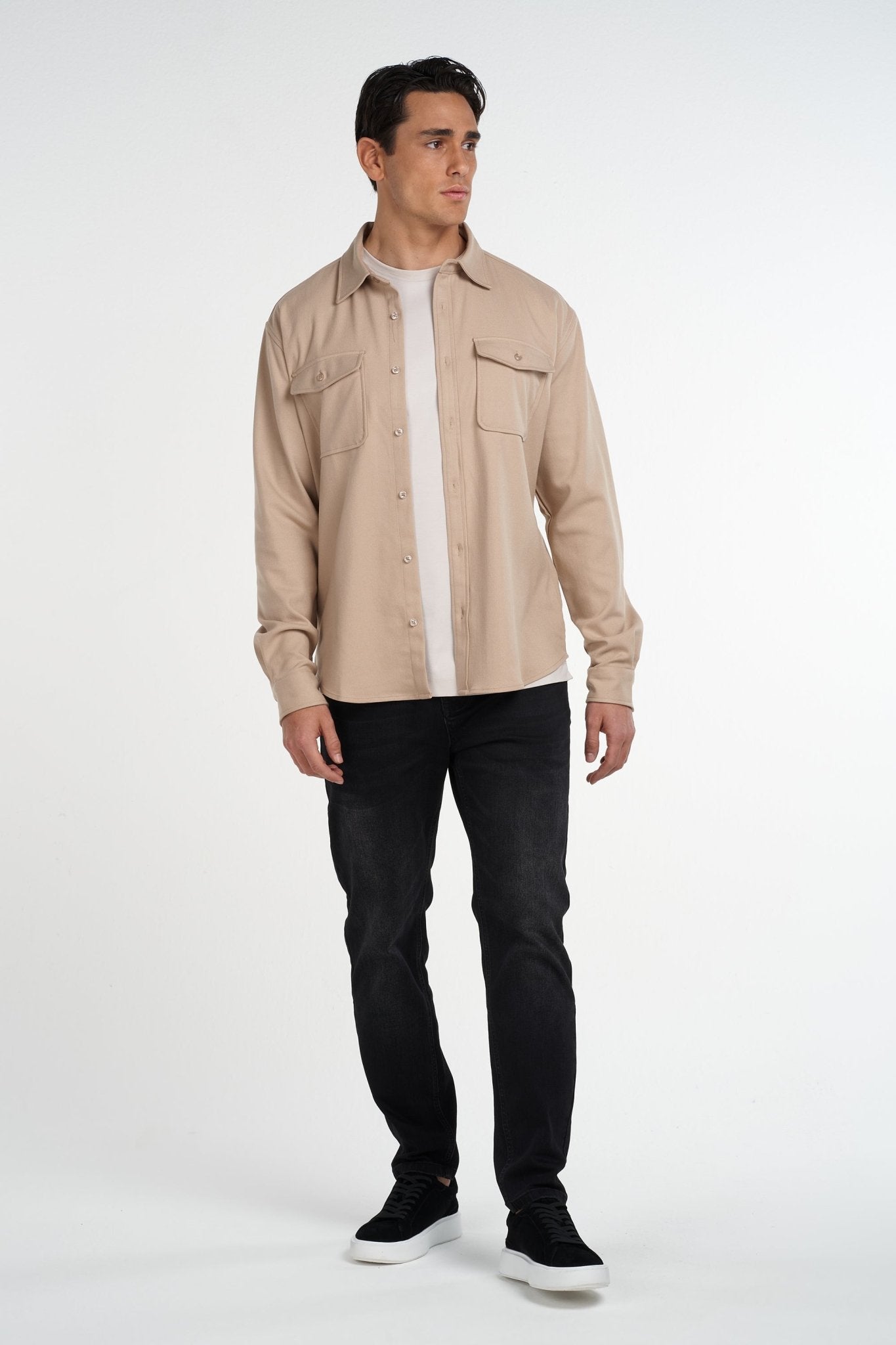 Kalenar — Men's Tailored Stretch Twill Overshirt with Chest Pockets (Grey S) - Sweater | Zavonix