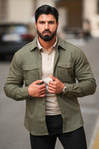 Kalenar — Men's Tailored Stretch Twill Overshirt with Chest Pockets (White Sand S) - Sweater | Zavonix