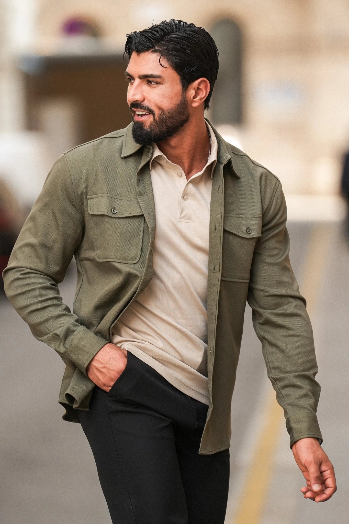 Kalenar — Men's Tailored Stretch Twill Overshirt with Chest Pockets (Army Green S) - Sweater | Zavonix