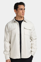 Kalenar — Men's Tailored Stretch Twill Overshirt with Chest Pockets (White Sand S) - Sweater | Zavonix