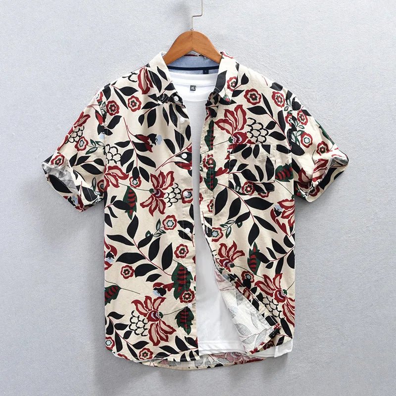 Kairos Nightfall Shirt — Cotton Linen Floral Shirt with Japanese Garden Design (Red S) - | Zavonix