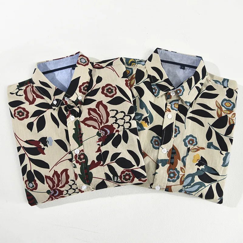 Kairos Nightfall Shirt — Cotton Linen Floral Shirt with Japanese Garden Design (Red S) - | Zavonix