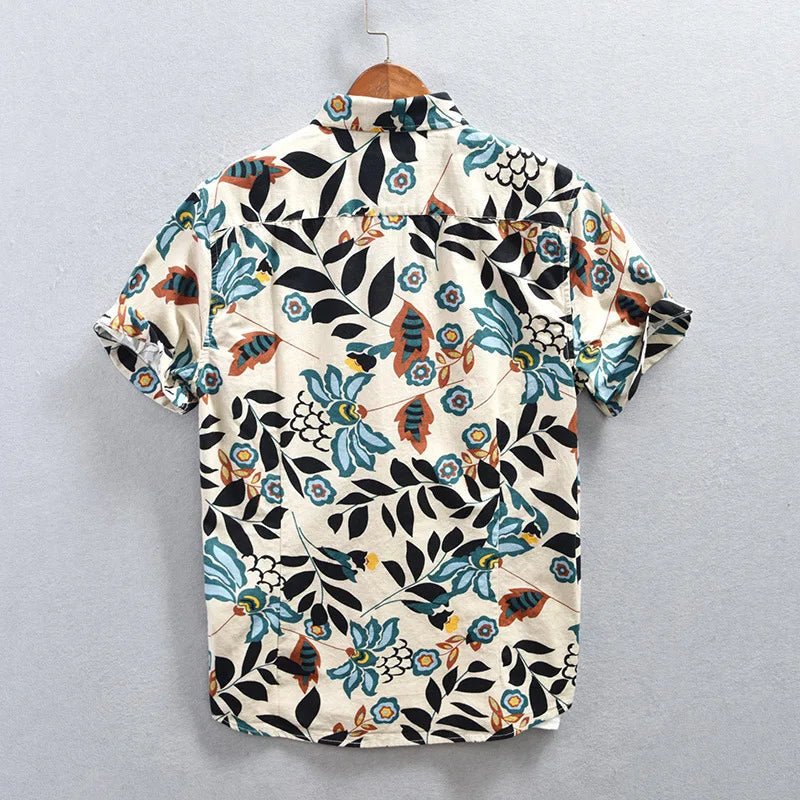 Kairos Nightfall Shirt — Cotton Linen Floral Shirt with Japanese Garden Design (Red S) - | Zavonix