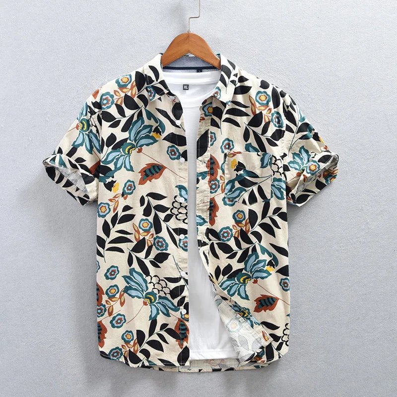 Kairos Nightfall Shirt — Cotton Linen Floral Shirt with Japanese Garden Design (Red S) - | Zavonix