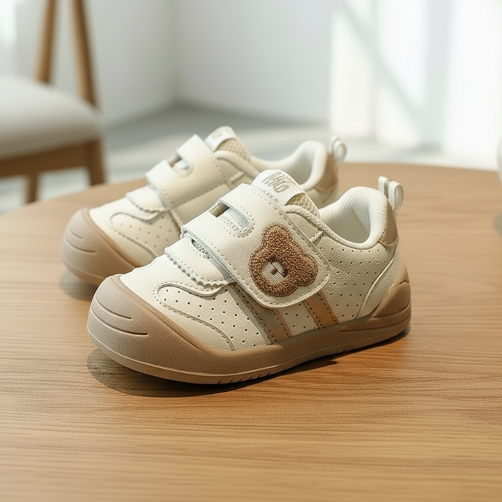 Khaki-accent bear sneakers with tan soles on a wooden table