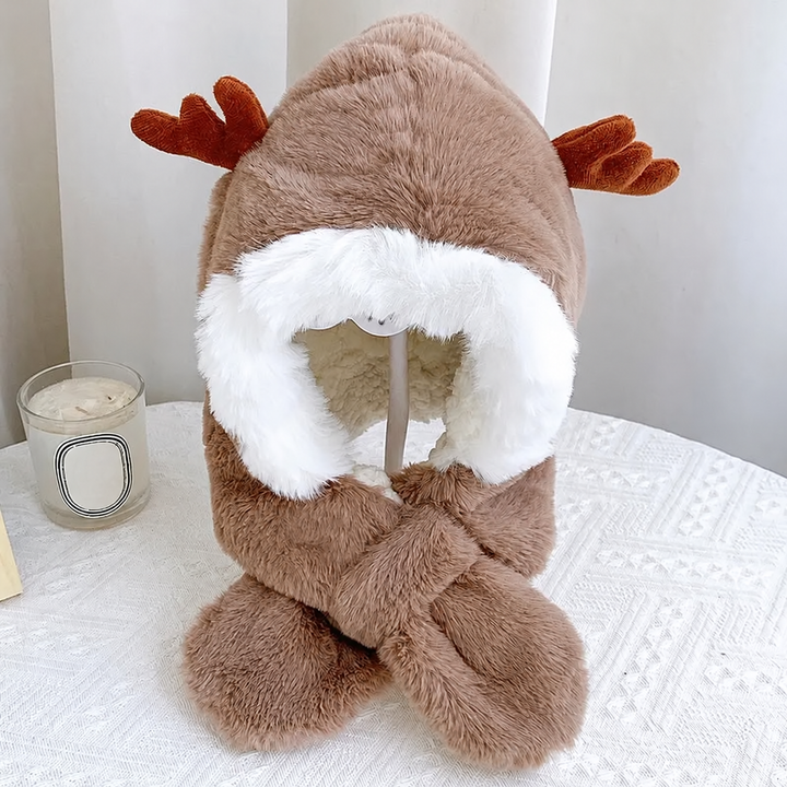 Khaki antler baby hat with white face trim and crossed scarf ends