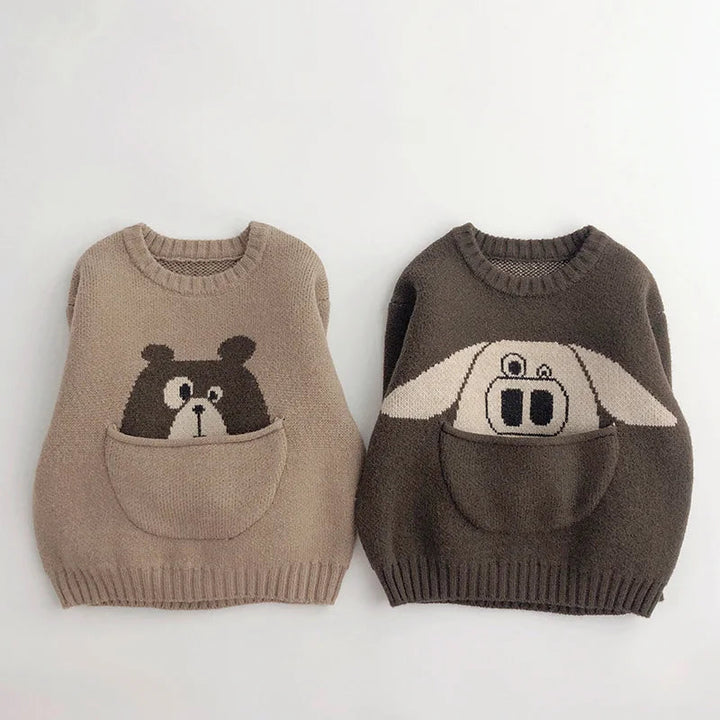 Khaki bear and brown floppy-eared dog sweaters with rounded front pouches