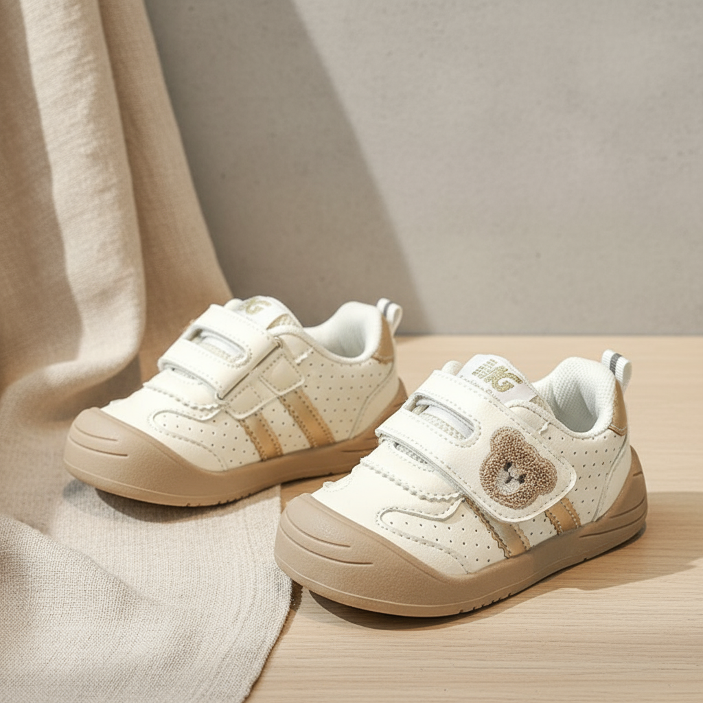 Khaki-accent bear sneakers with hook-and-loop straps beside draped fabric
