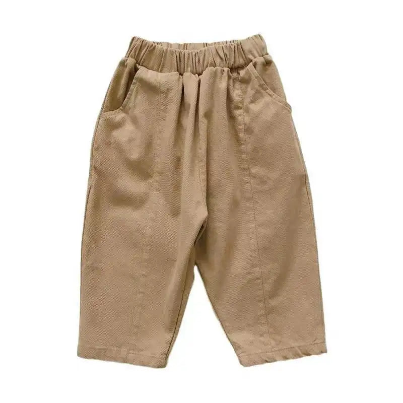 Khaki kids' long pants with an elastic waistband and roomy legs