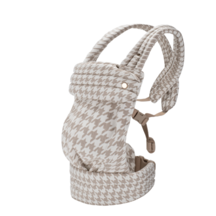 Khaki houndstooth baby carrier with padded straps and an adjustable waist belt