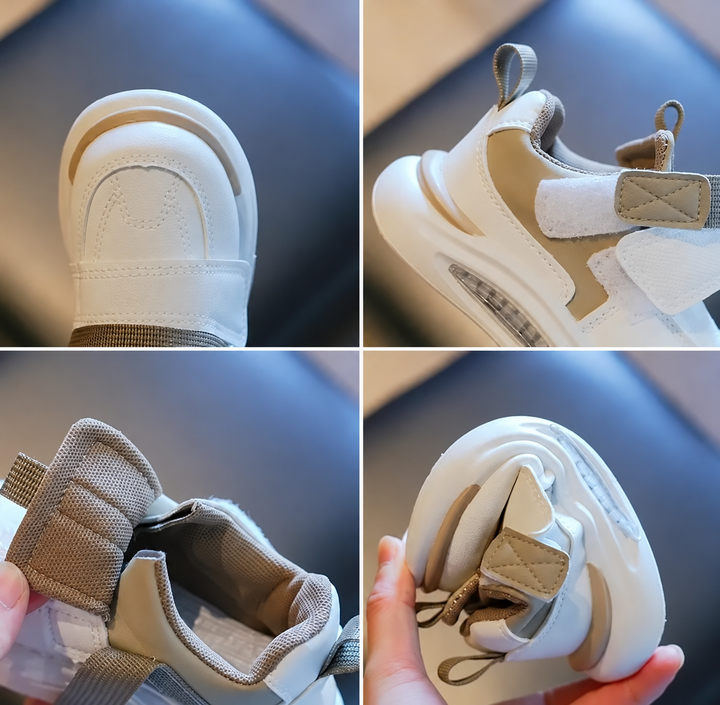 Four close-up views of the toe, strap, collar, and flexible sole of a khaki sneaker