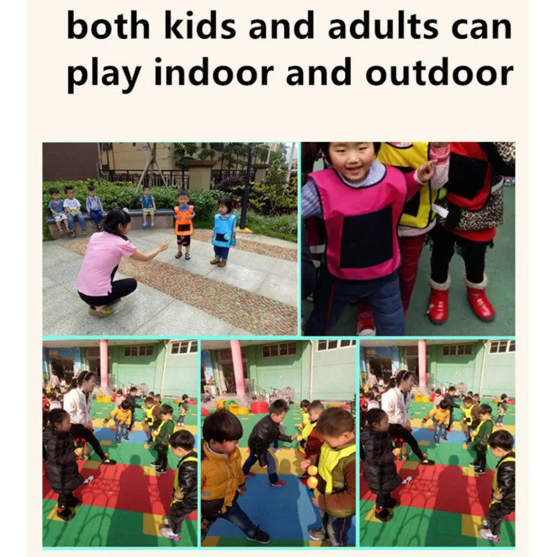 Collage of children and adults playing vest-and-ball games indoors and outdoors
