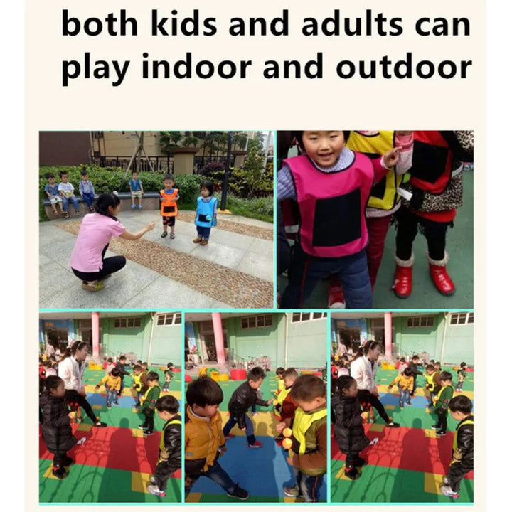 Collage of children and adults playing vest-and-ball games indoors and outdoors