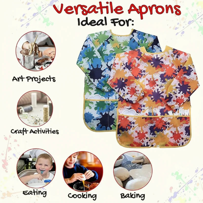 Splatter-print aprons with examples of art, crafts, eating, cooking, and baking