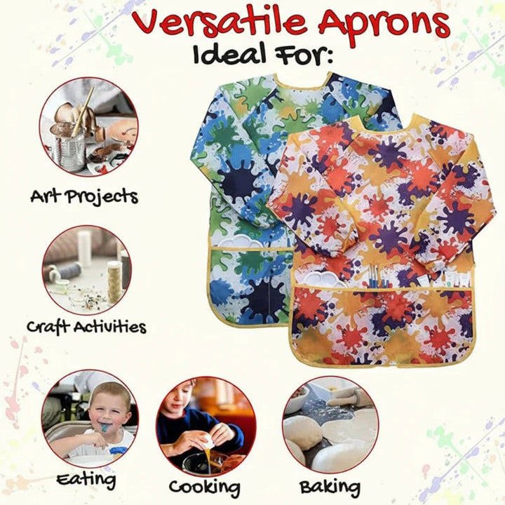 Splatter-print aprons with examples of art, crafts, eating, cooking, and baking