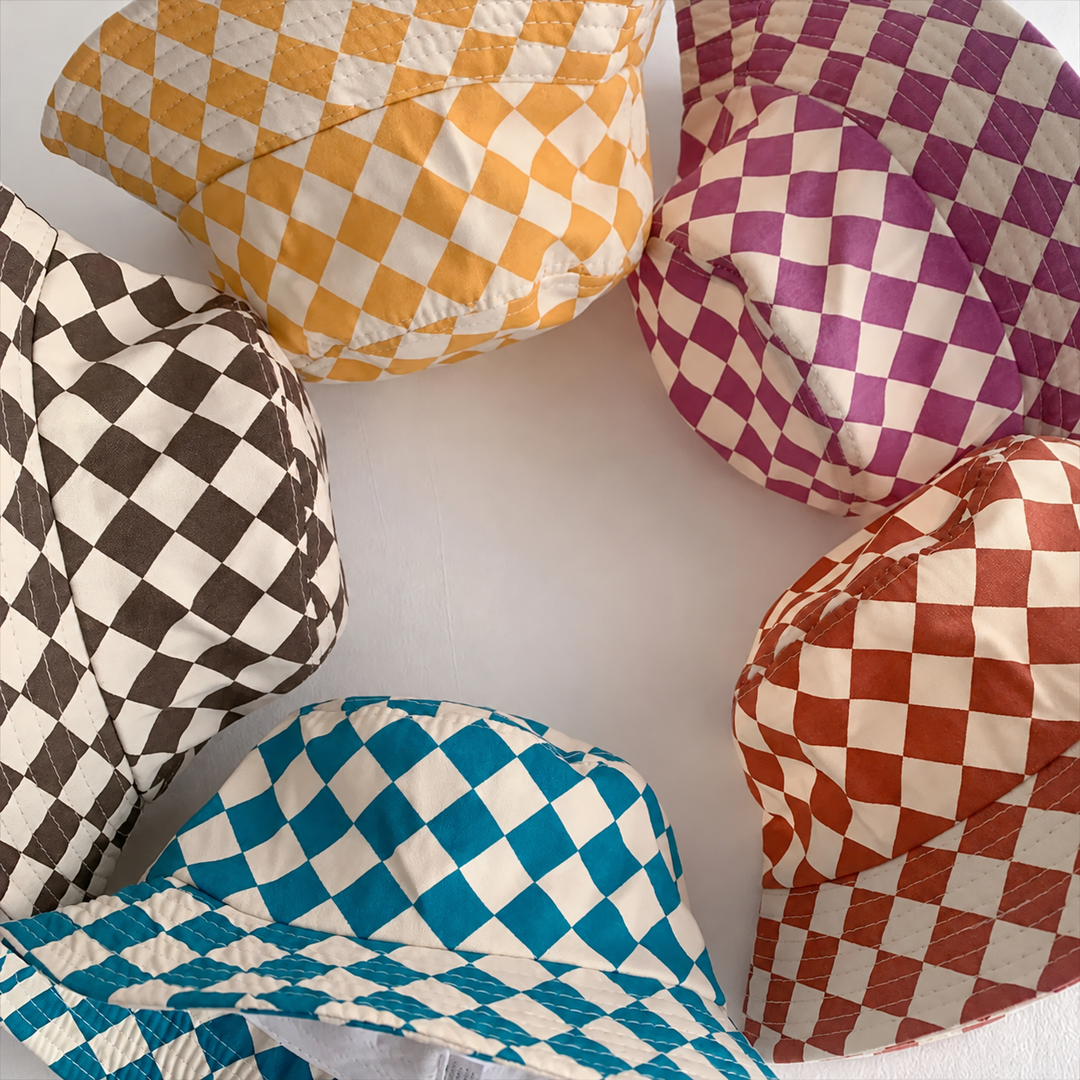Checkered kids' bucket hats in yellow, purple, coffee, blue, and orange