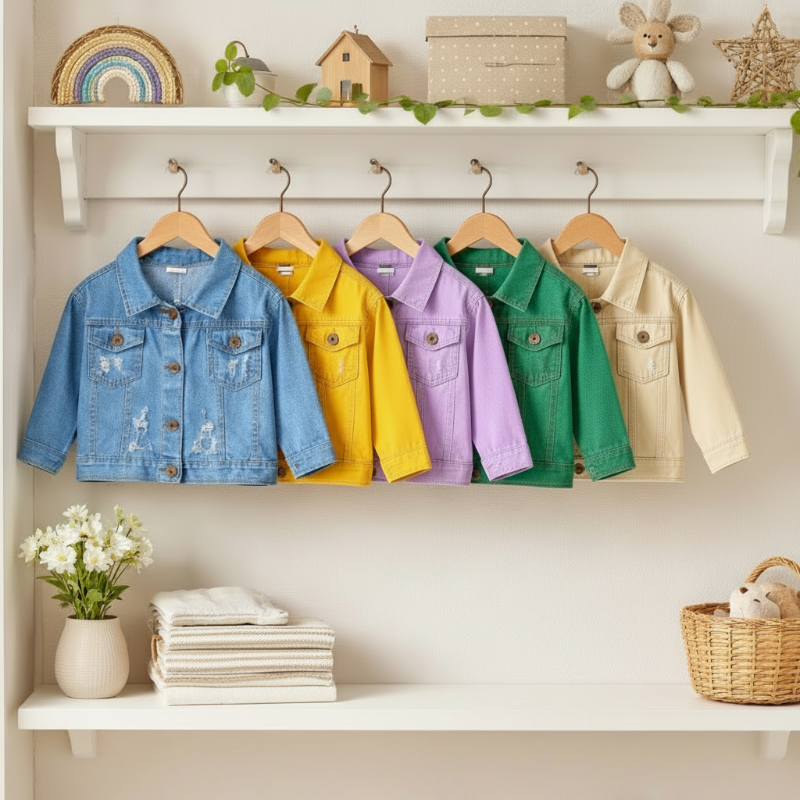 Blue, yellow, purple, green, and beige kids' denim jackets hanging on a wall rack