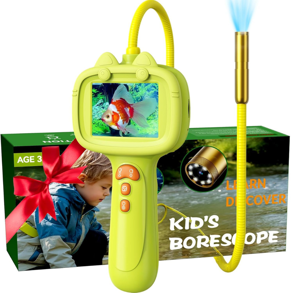 Green children's endoscope beside its retail box, with an illuminated camera tip