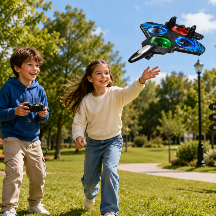 Two children playing outdoors with a blue RC stunt plane and a handheld controller.