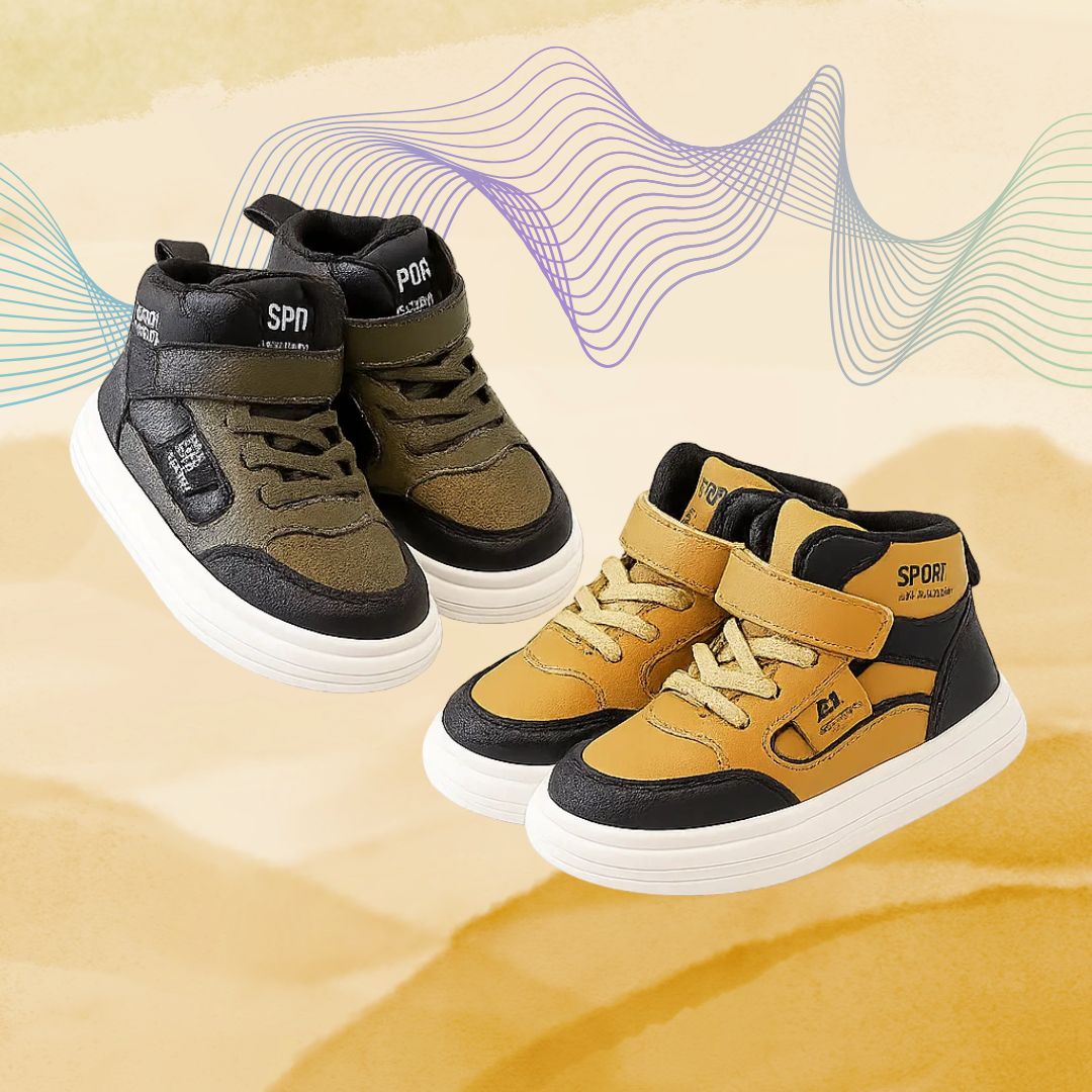 Army green and brown kids' high-top sneakers with contrasting black panels and white soles