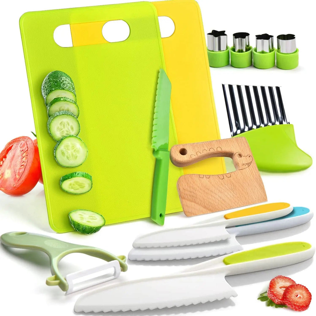 Children's kitchen cutting set with green and yellow boards, knives, a peeler, molds, and a crinkle cutter