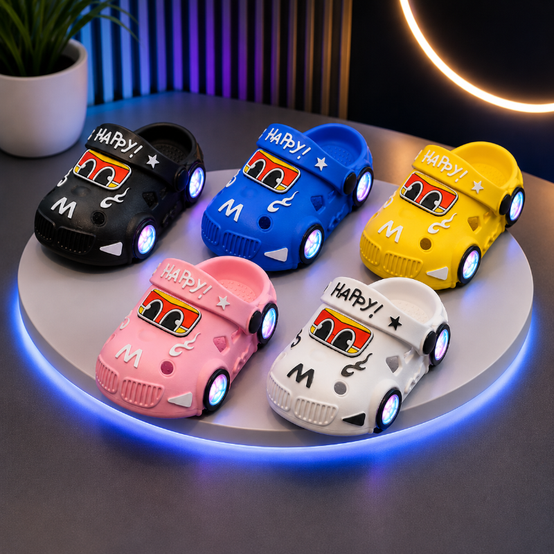 LED car slippers in black, blue, yellow, pink, and white with illuminated wheel details.