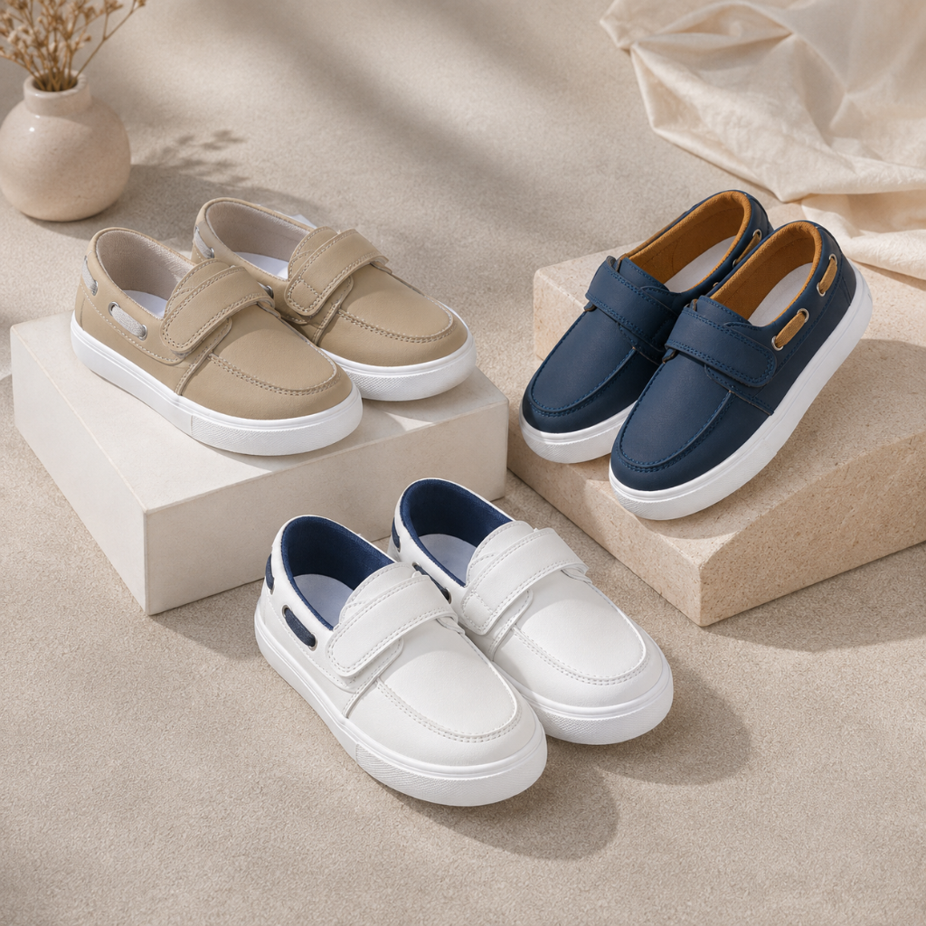 Beige, navy blue and white kids' loafer sneakers with strap closures and white soles