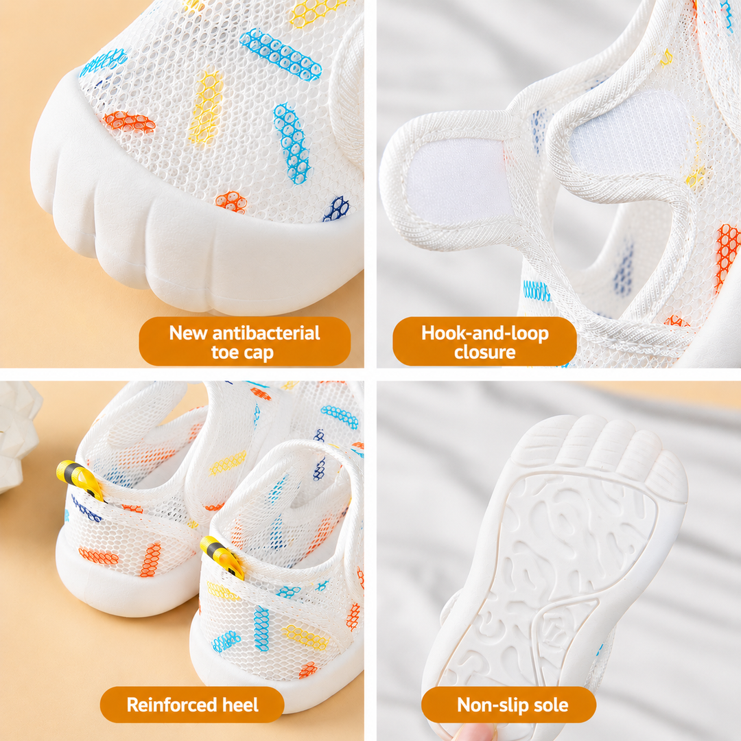 Close-ups of the closed toe, hook-and-loop strap, heel and textured sole of white mesh kids&