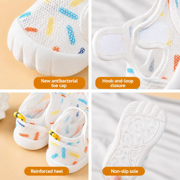 Close-ups of the closed toe, hook-and-loop strap, heel and textured sole of white mesh kids&