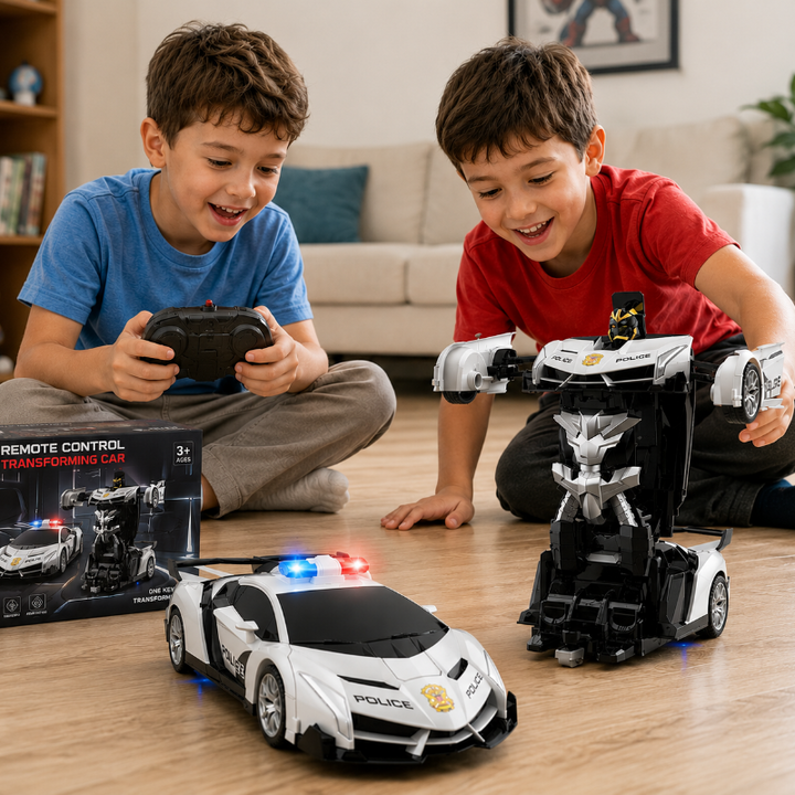 Two children playing with a white police RC car and its robot form