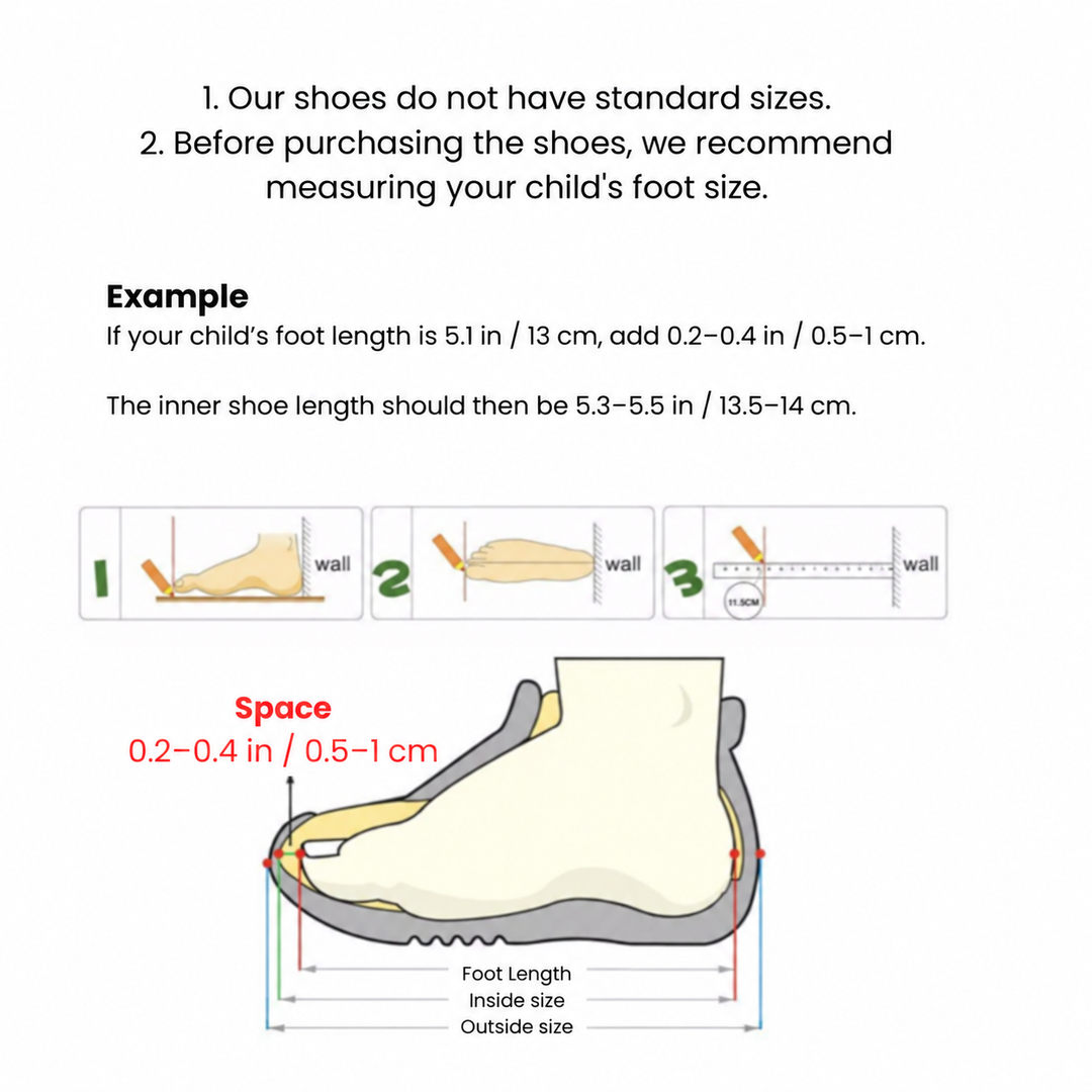 Foot-measuring guide with a 0.2-0.4 in (0.5-1 cm) allowance inside the shoe