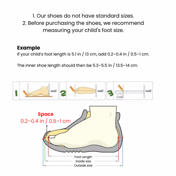 Foot-measuring guide with a 0.2-0.4 in (0.5-1 cm) allowance inside the shoe