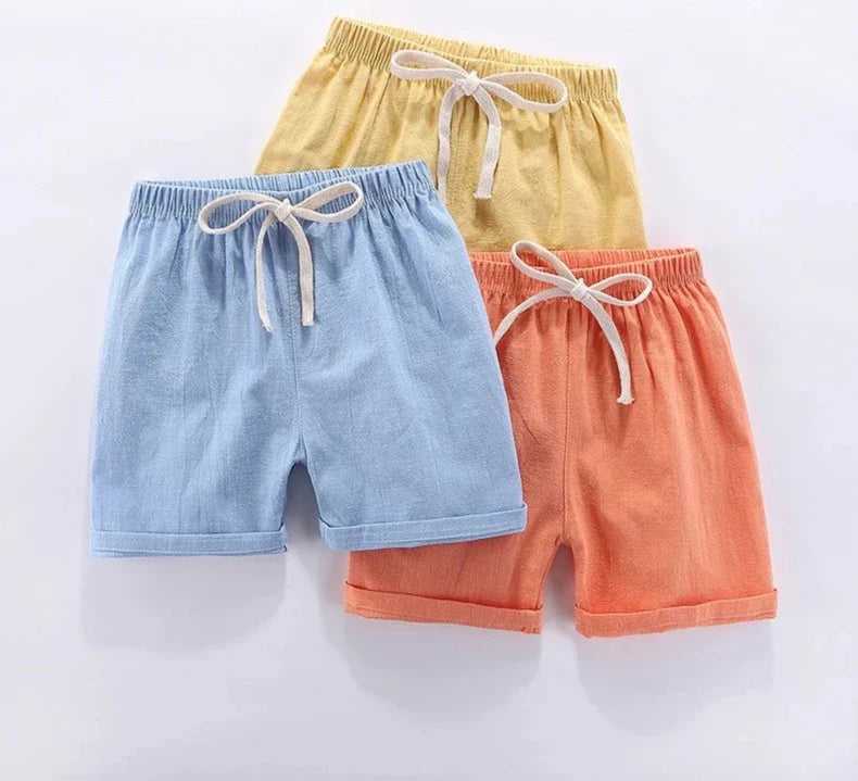 Light blue, yellow and orange cotton-linen kids' shorts with drawstring waists