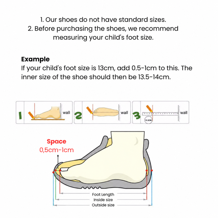 Foot-measuring guide showing 0.5–1 cm of extra room inside the shoe