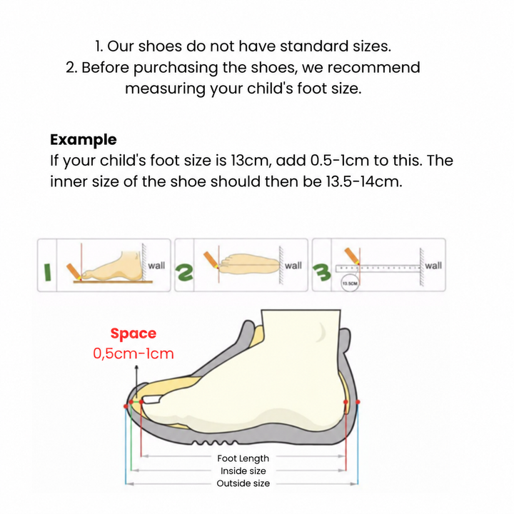 Foot-measuring guide showing a recommended 0.5–1 cm allowance inside kids&