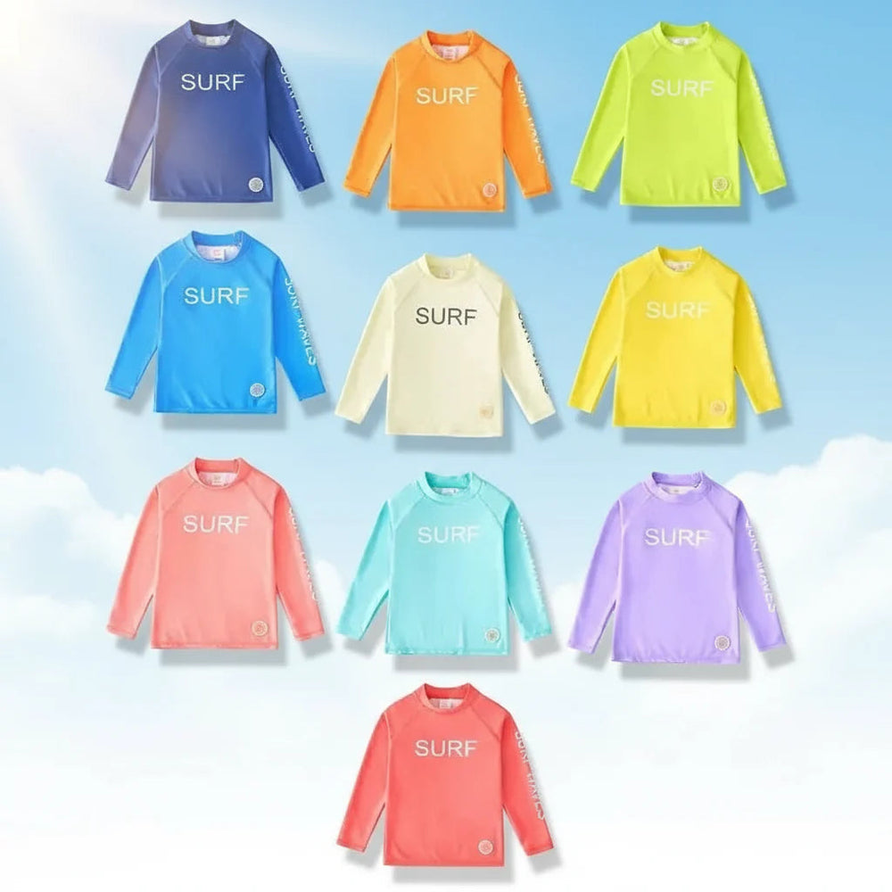 Ten color options for the kids' long-sleeve swim shirt with surf lettering