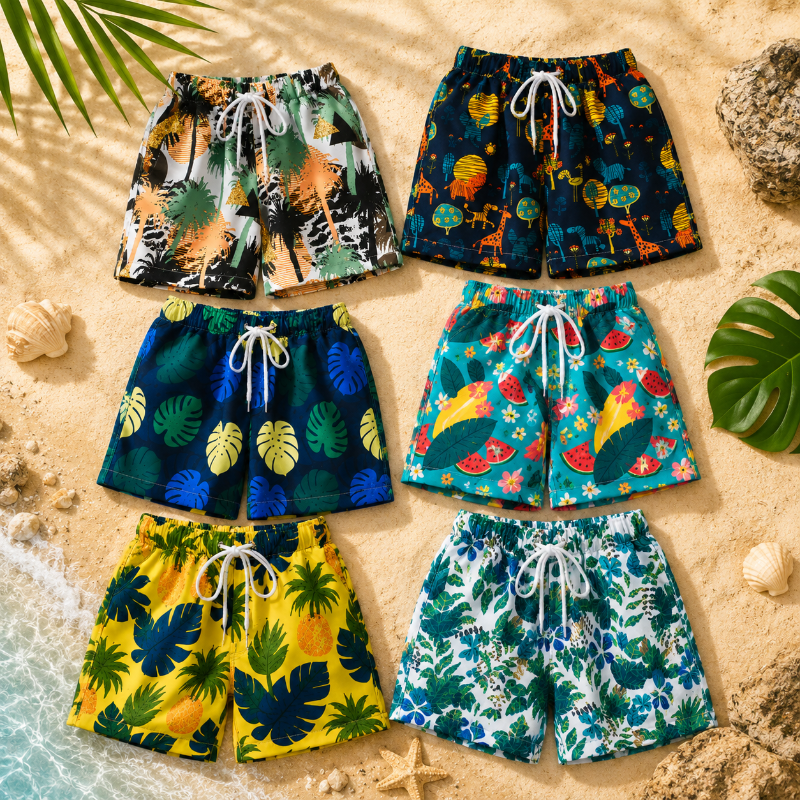 Six pairs of kids' swim trunks in colorful leaf, fruit, and tropical prints arranged on sand