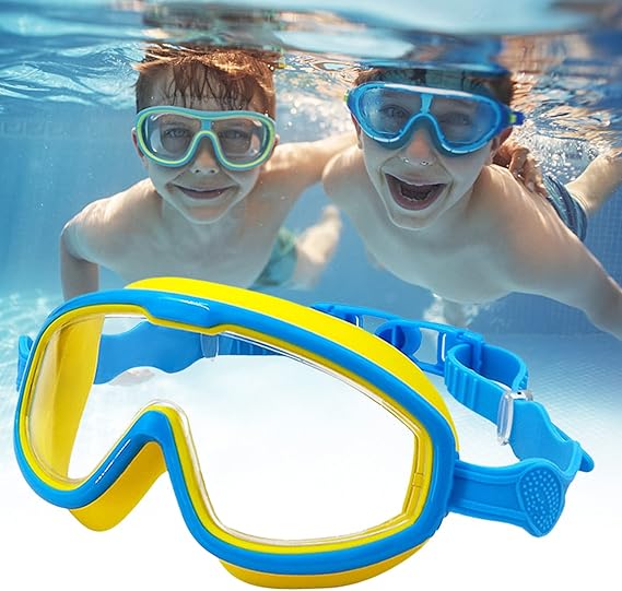 Two children wearing goggles underwater, with light blue and yellow swimming goggles in the foreground