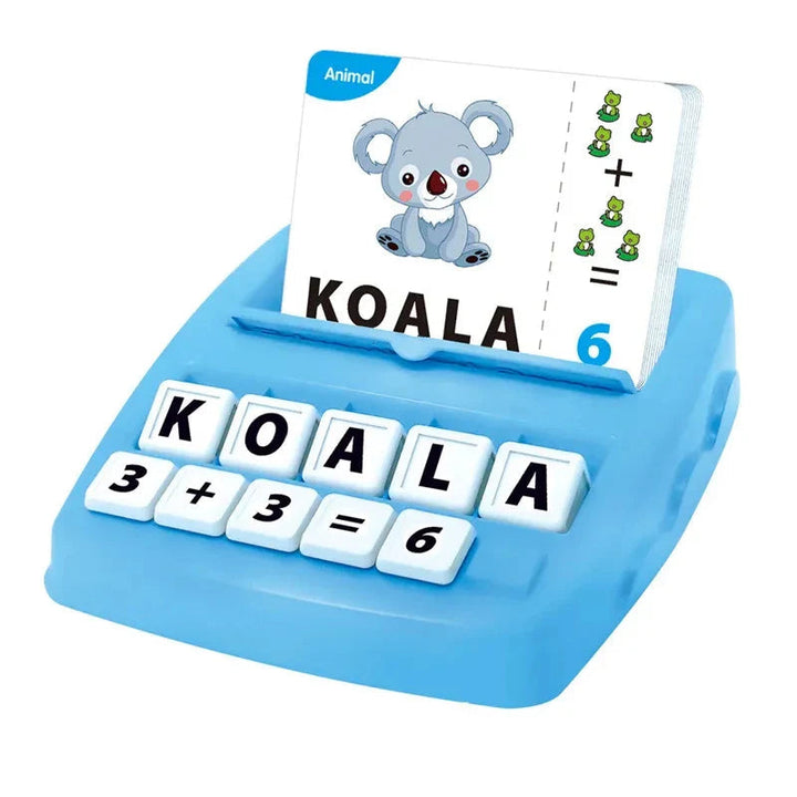 Blue learning tray displaying a koala picture card, matching letter cubes, and a 3 + 3 = 6 equation.