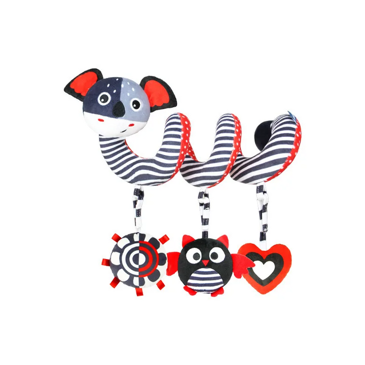 Koala spiral activity toy with striped coils and hanging spiral, bug, and heart shapes.