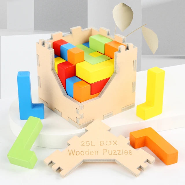 Colorful L-shaped wooden blocks beside a filled cube frame and its removable lid