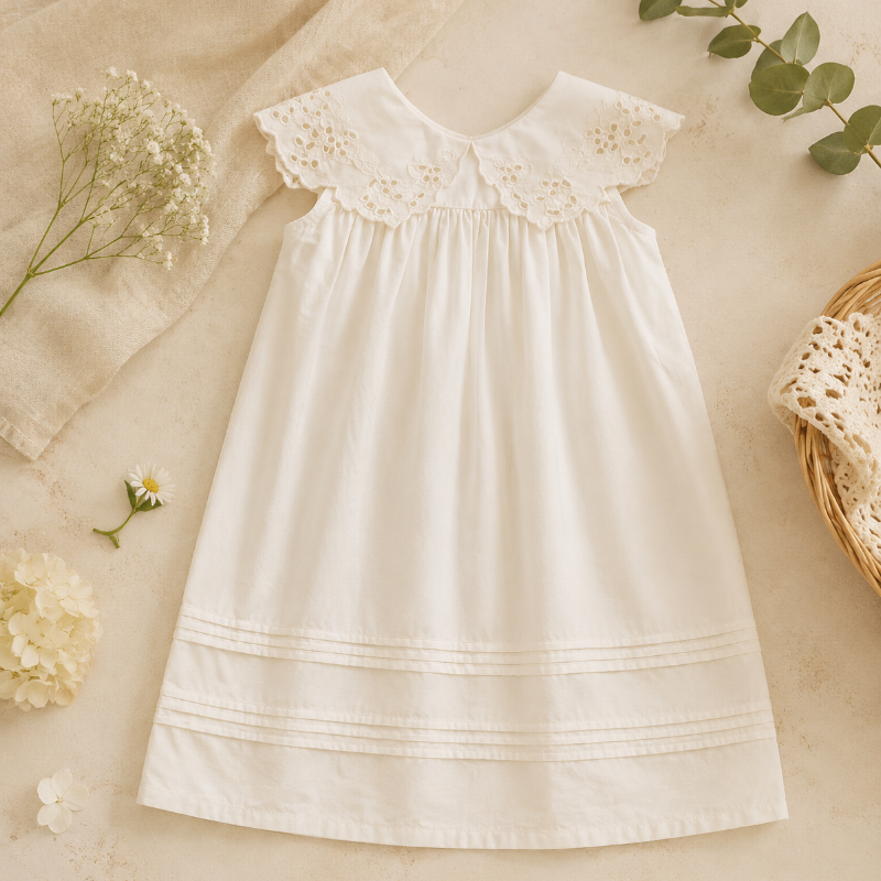 Cream Lace Petal dress with an oversized scalloped lace collar and horizontal tucks near the hem