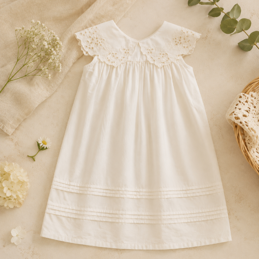 Lace Petal dress laid flat, showing its wide lace collar and tucked skirt hem