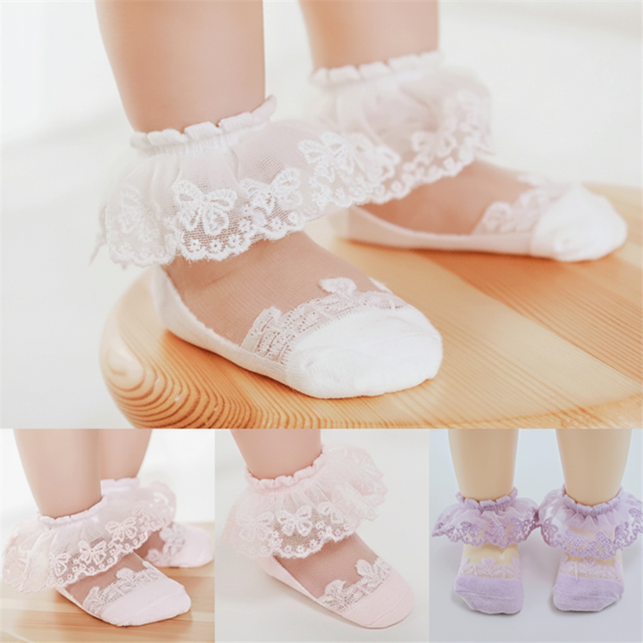 Collage showing white, pink, and purple lace baby socks with floral ankle ruffles.