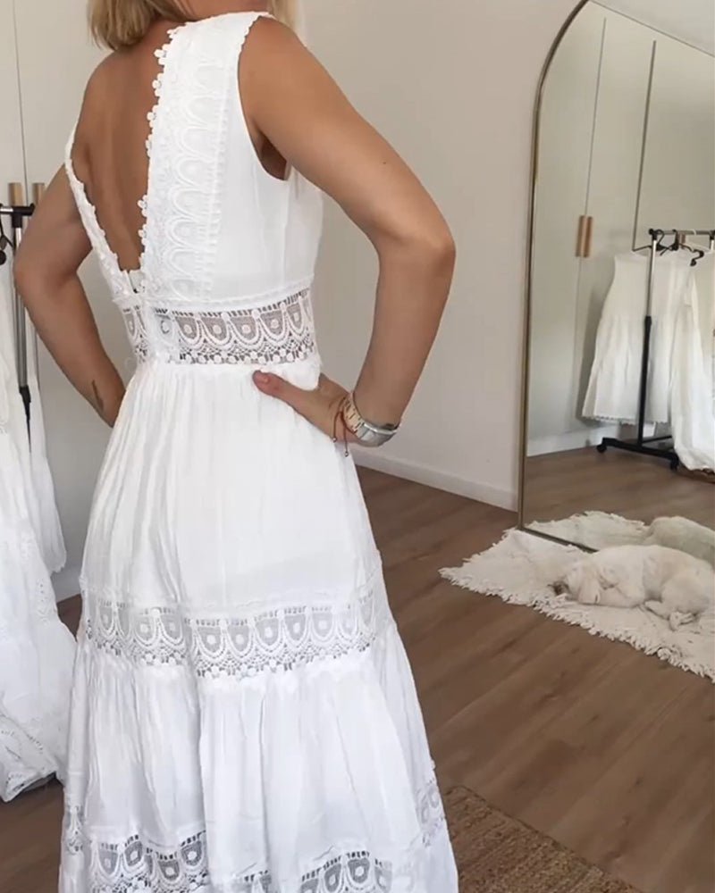 Lace V - neck tank gown (White UK8 (S)) - Dresses | Zavonix